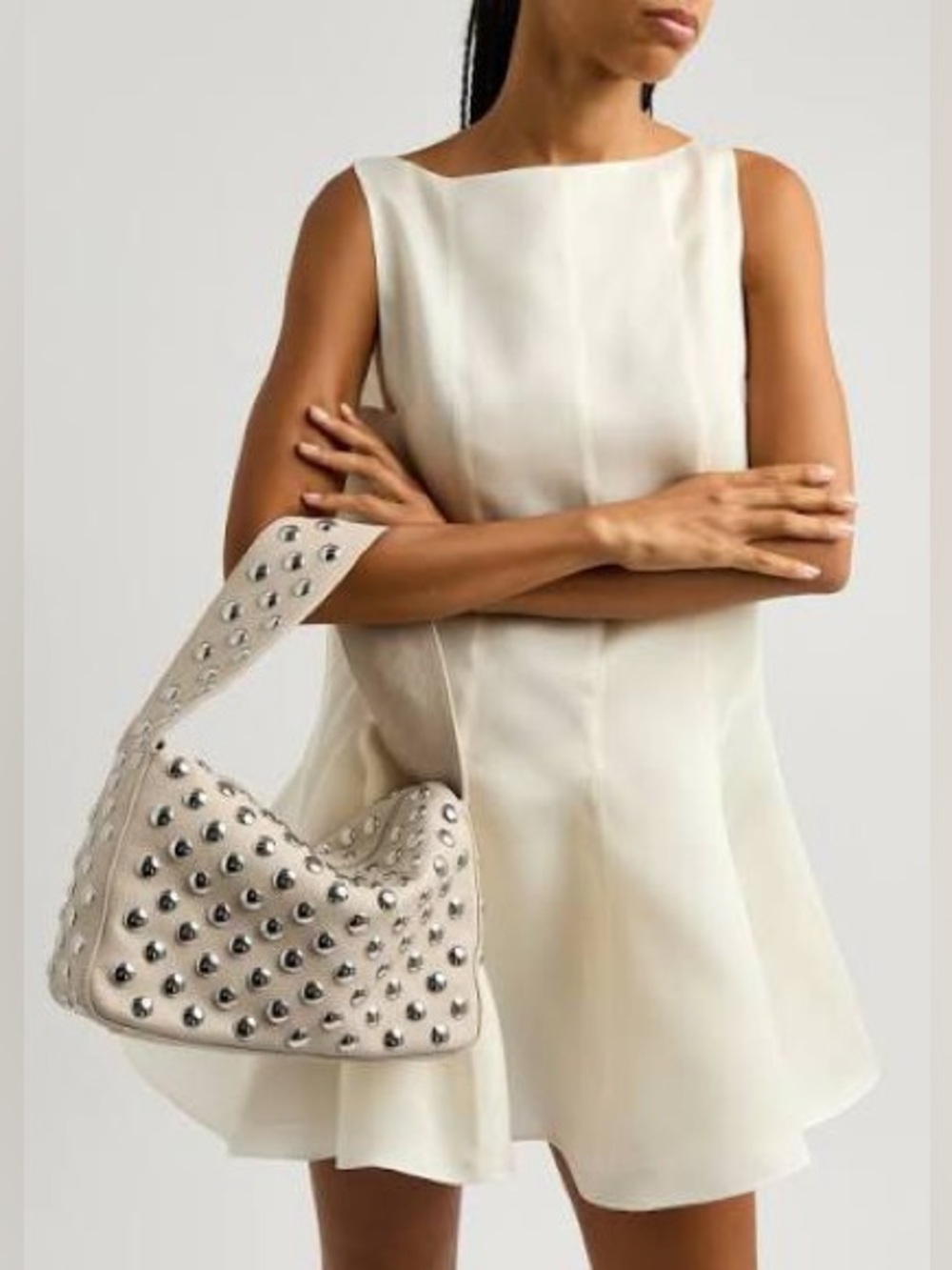 BNWT KHAITE Elena Ivory Studded Leather Shoulder Bag Medium/Large Silver Zip Top